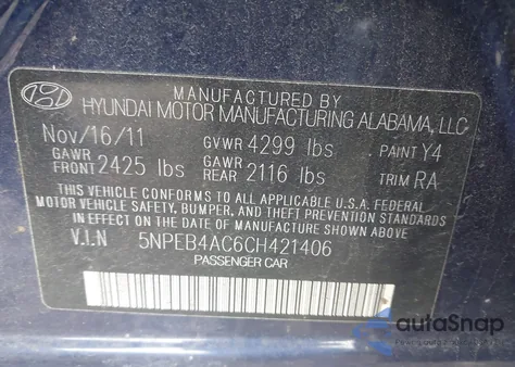 2012 Hyundai Sonata Gls z USA, uszkodzony, nr VIN 5NPEB4AC6CH421406